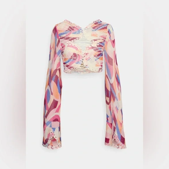 𝓯𝓹 Free People ~ Eyes on You Bell Sleeve Eyelet Mesh Crop Top - Picture 9 of 13